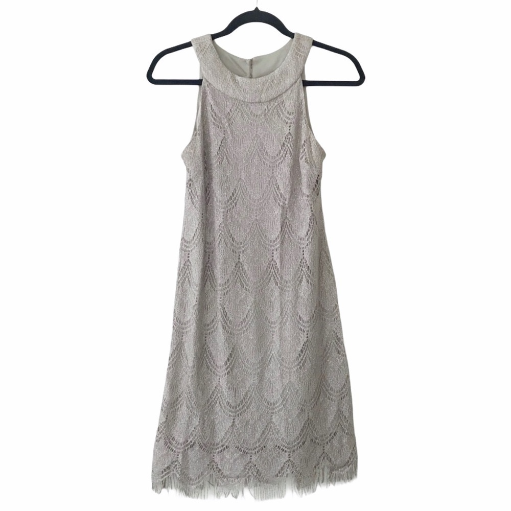 S.L. Fashions Tan Metallic Embroidered Knit Fringe Dress